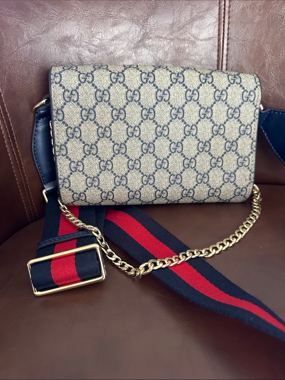 Beige and Navy Crossbody with Red-Blue Strap - Picture 4 of 5